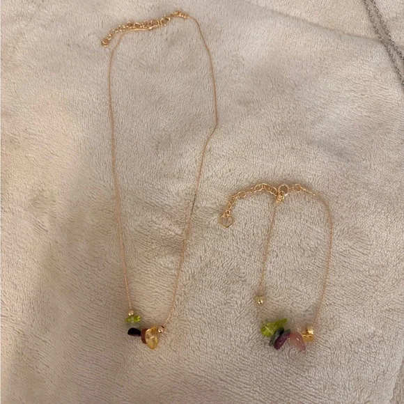 Colorful Gemstone Chip Necklace & Bracelet Set | Stainless Steel Adjustable Boho - Picture 5 of 5